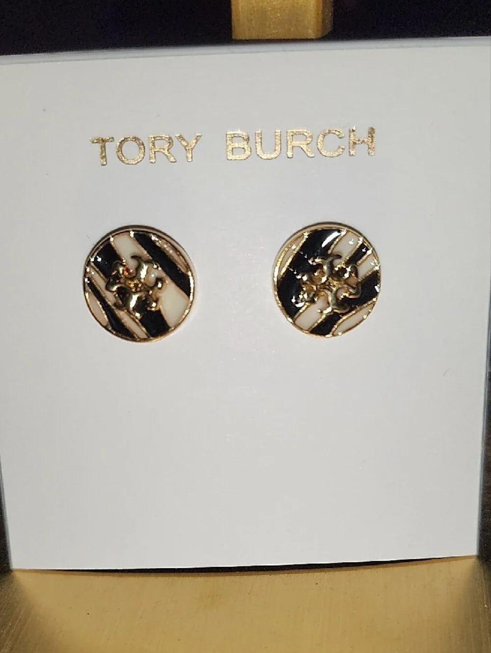 Tory Burch Gold and Black Enamel Logo Round Stud Earrings